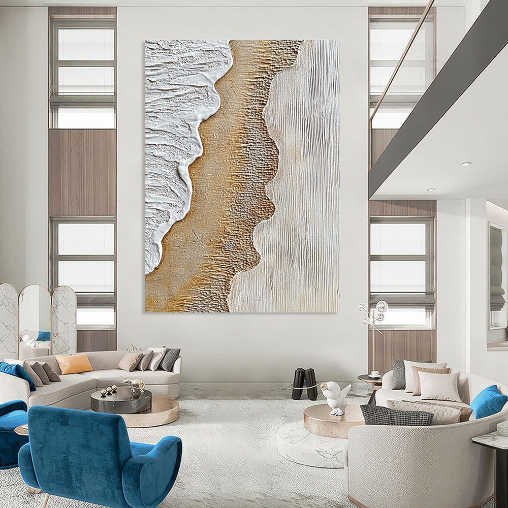 Abstract painting depicting textured sand and crashing waves with warm browns and cool grays for a striking artistic expression.STSC947