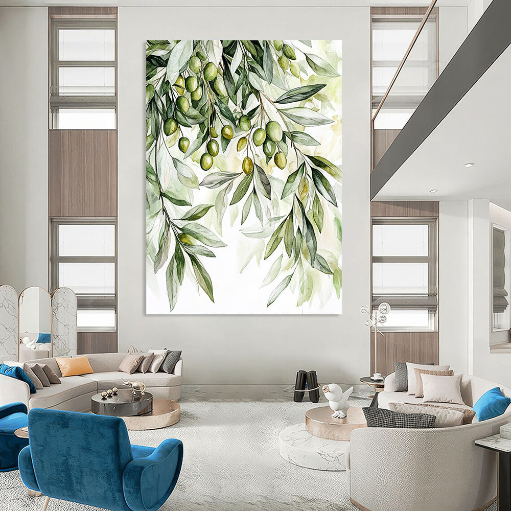 Large abstract painting featuring detailed olive tree foliage in soft greens and whites with olives creating a warm inviting atmosphere.STSC1460