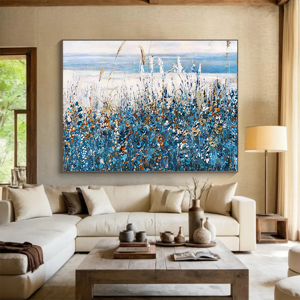 Seaside Wildflower Abstract Painting with Blue, White, and Orange Hues THY203