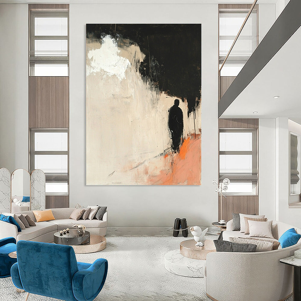 Large abstract painting with minimalist light pink and black hues features a silhouette of an old man and a white cloud with orange highlights.STSC247