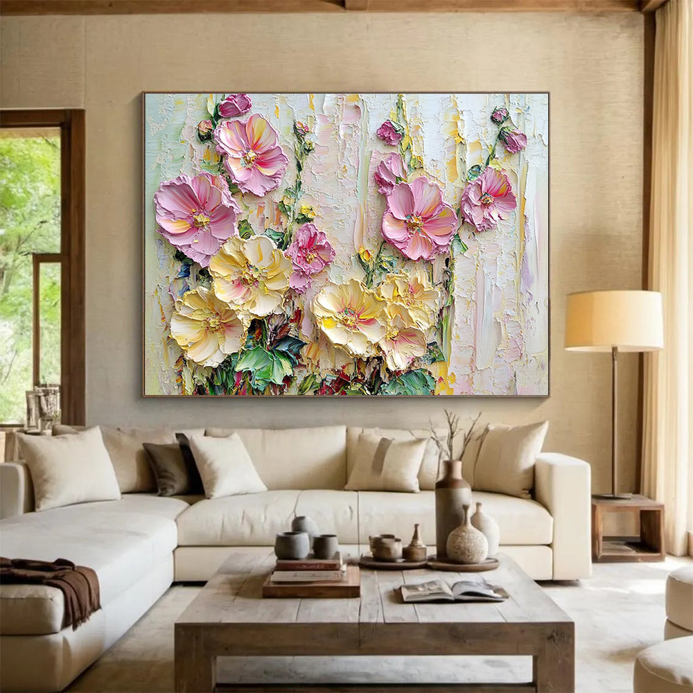 Textured Floral Abstract Painting with Pink and Yellow Hues DYP600