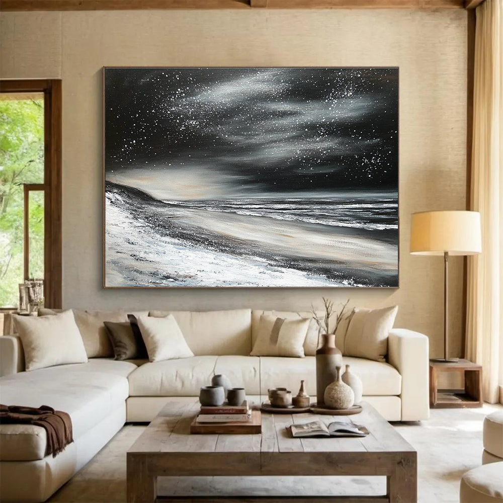 Starry Night Beach Abstract Painting in Black and White DYP453