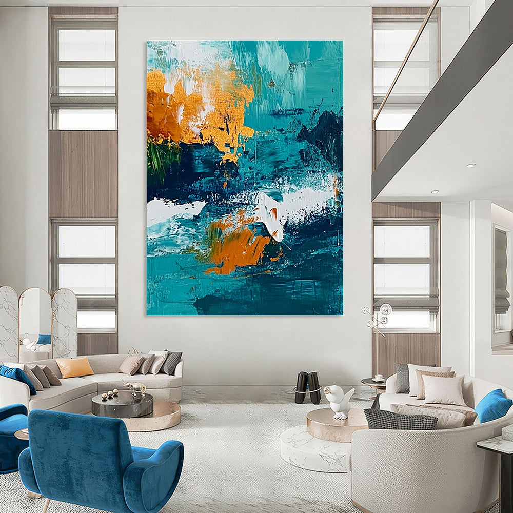 Large abstract painting of the ocean featuring a vibrant teal and amber color scheme with textured brush strokes.STSC705