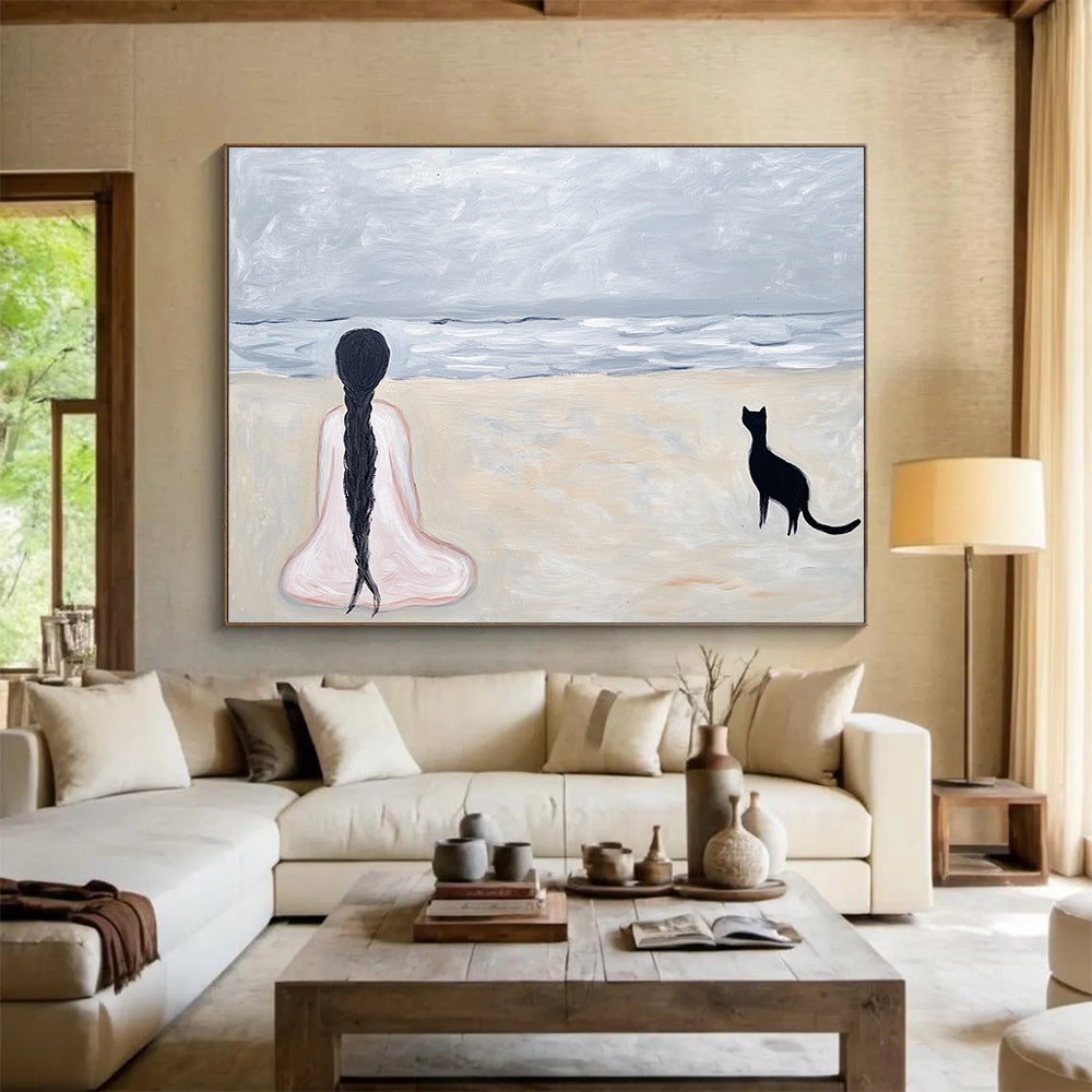 Gray Sea Scene - Girl and Cat Abstract Painting DYP060