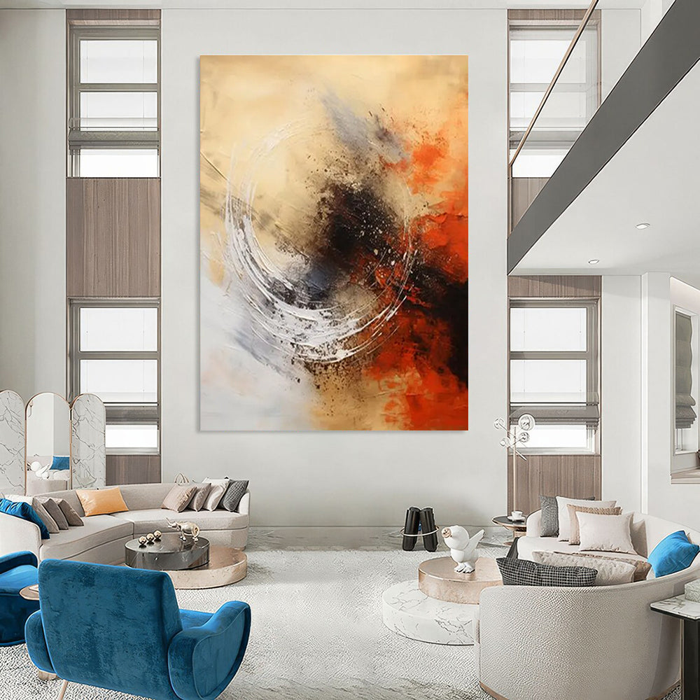 Circular Motion in Warm Hues Abstract Painting with Beige, Orange, and Black ADGE121