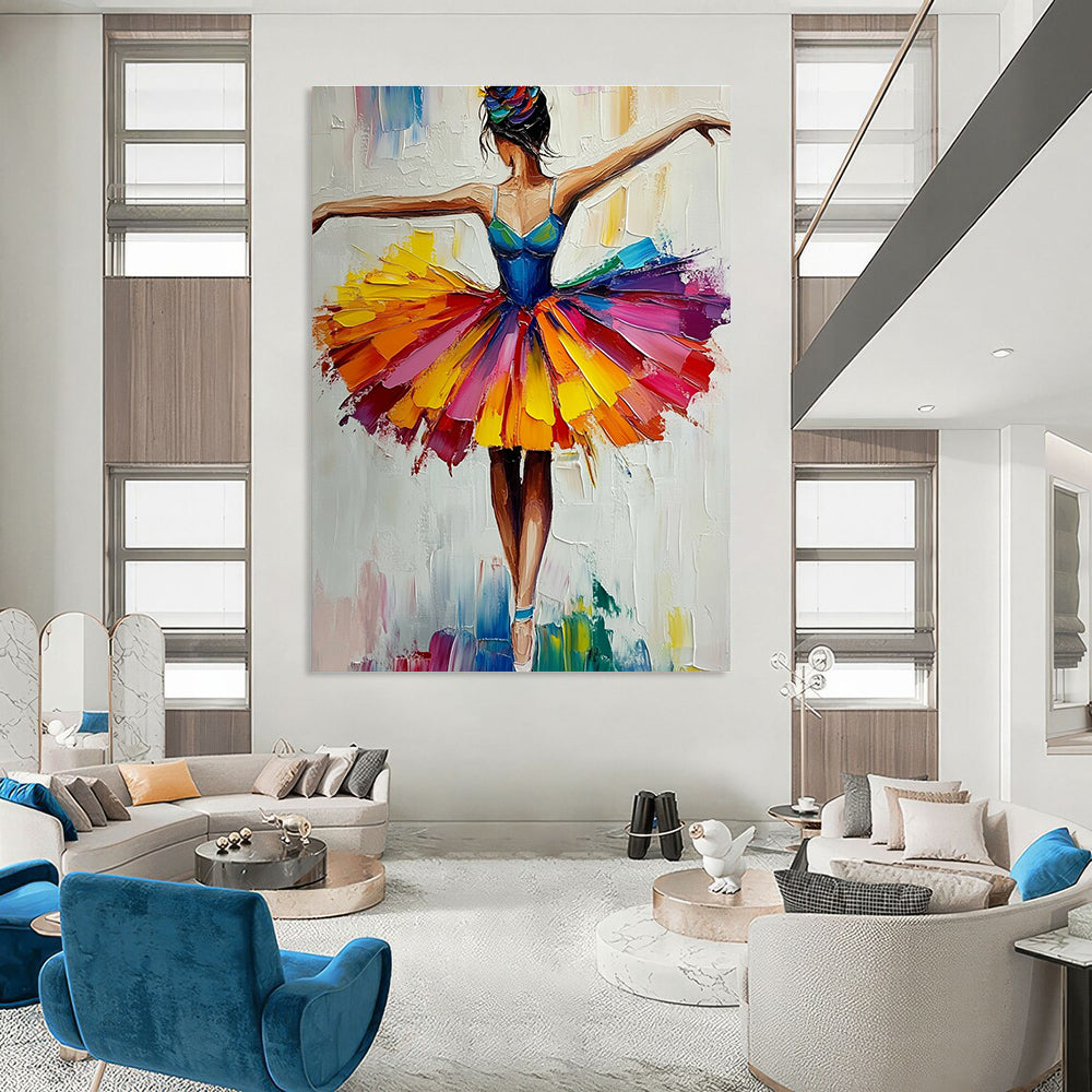 Large abstract painting of a ballerina in a colorful tutu with vibrant brush strokes and palette knife techniques against a white background.STSC156