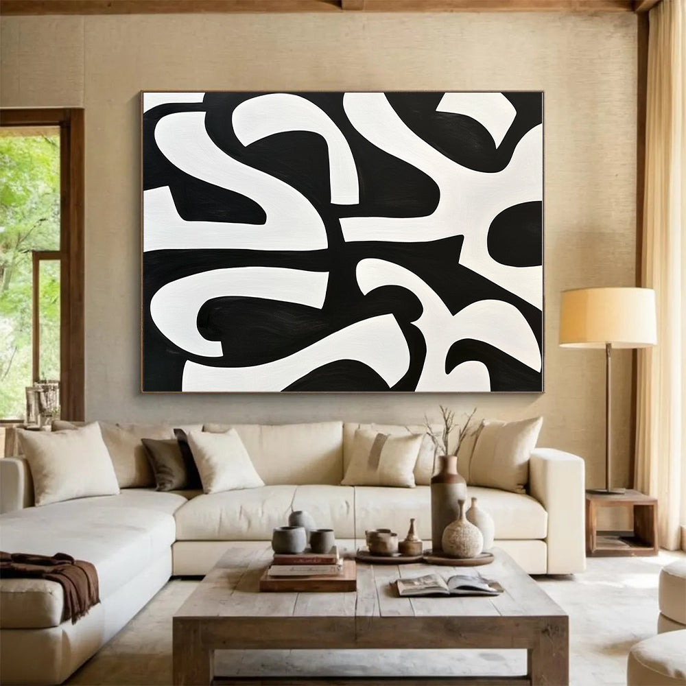 Bold Black and White Curved Abstract Painting GER236