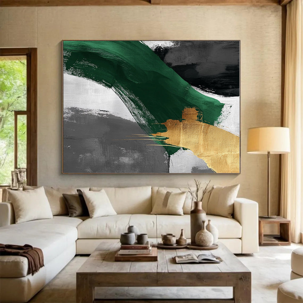 Green Gold Dynamic Strokes Abstract Painting GER850