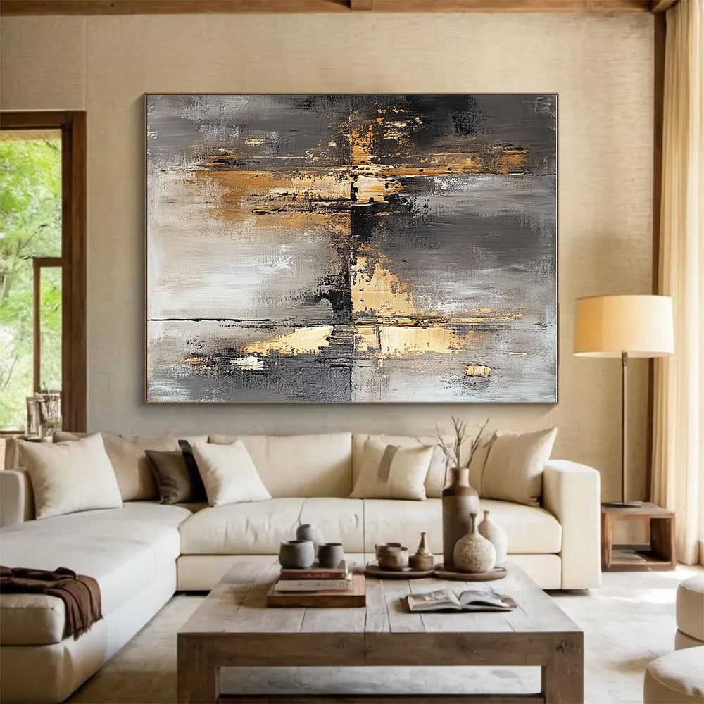 Gray Gold and Black Abstract Painting with Industrial Vibes GER644