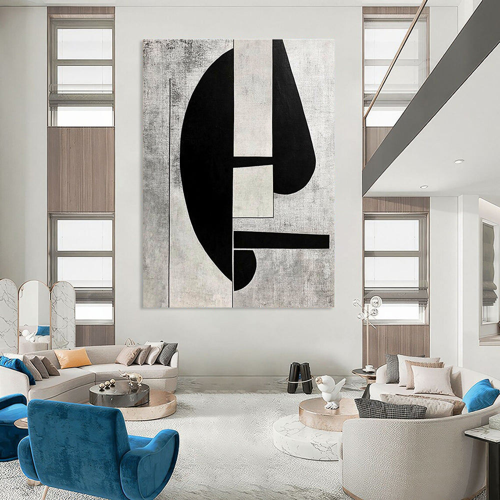 Large abstract painting in black and white on grey background featuring cubism elements and minimalistic retrofuturist style inspired by 1930s art.STSC465