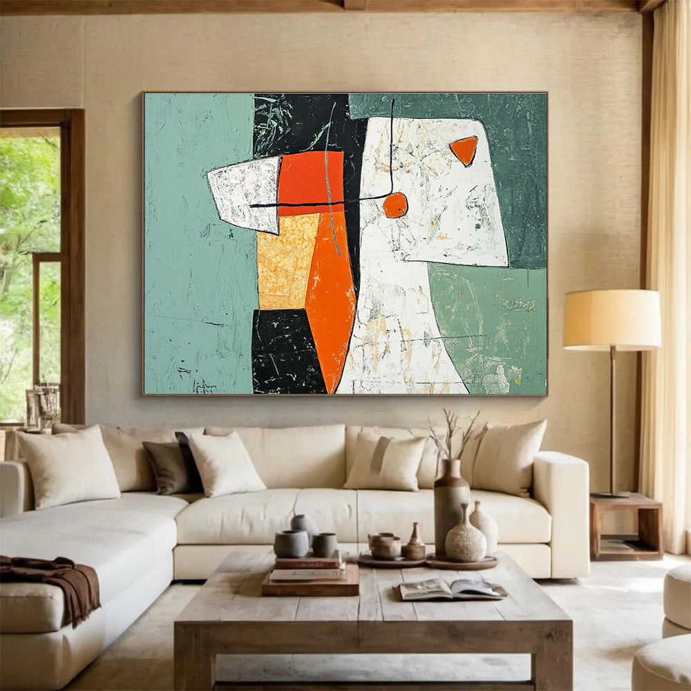Large abstract painting featuring green orange and white shapes with black lines and a woman's figure made from paper and fabric elements.SC198