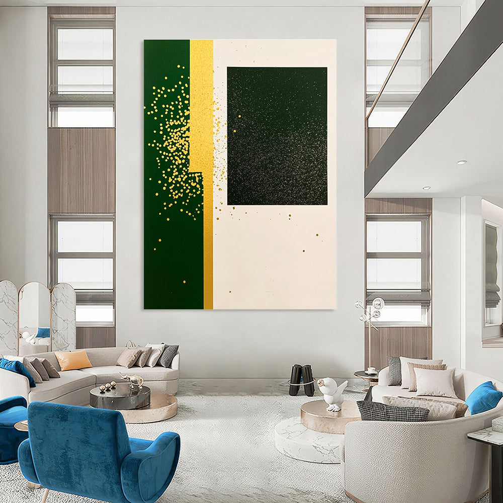 A large abstract painting featuring green rectangular paper with yellow speckles and gold glitter in a minimalistic collage style with simple shapes.STSC1011