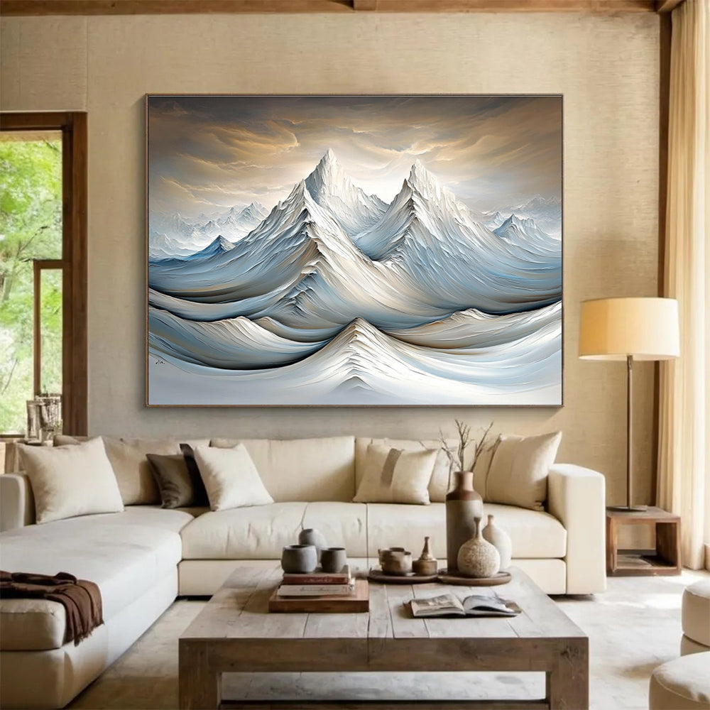 A large abstract painting featuring snowy mountains and rivers with soft lighting and delicate brushstrokes in a surreal gray and brown atmosphere.SC612