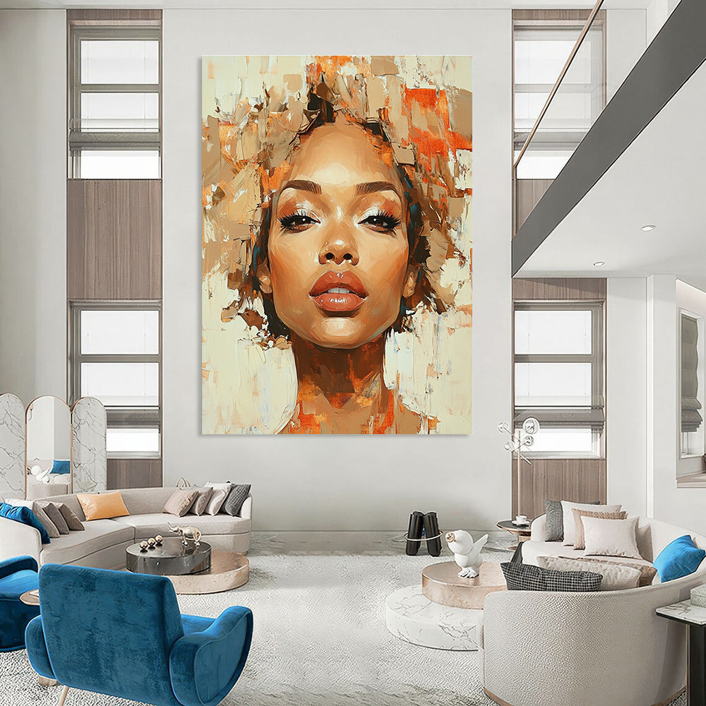 A Large Abstract Painting Featuring An African American Woman With Curly Hair In Ethereal Shades Of Brown Beige Gold And Red-Orange.STSC862