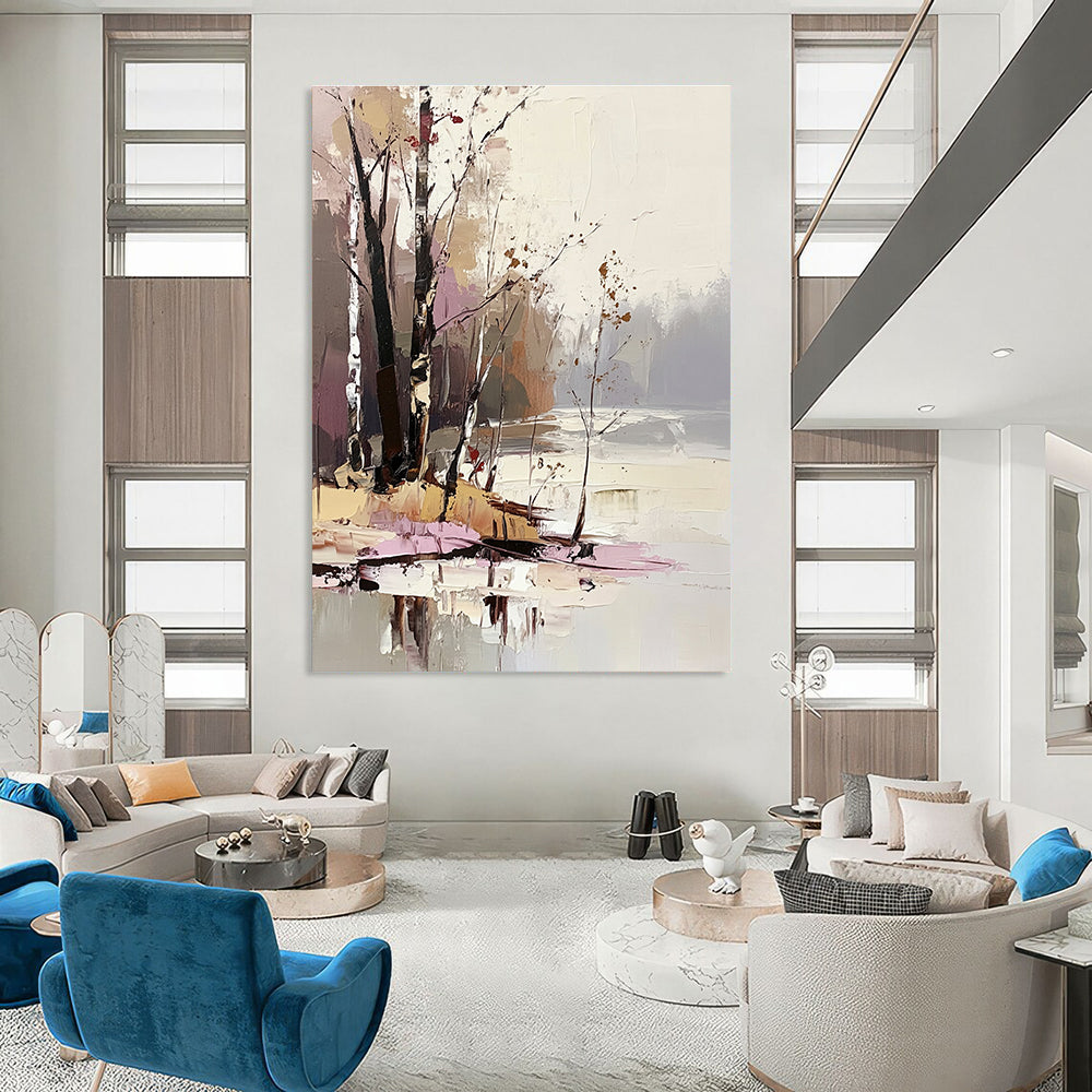 Large abstract painting featuring trees and water in light pink beige brown and gray tones with thick brush strokes and palette knife technique.STSC1396