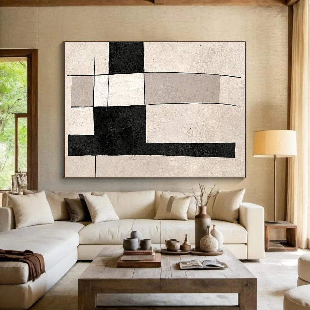 Black and White Abstract Painting with Geometric Forms GER609