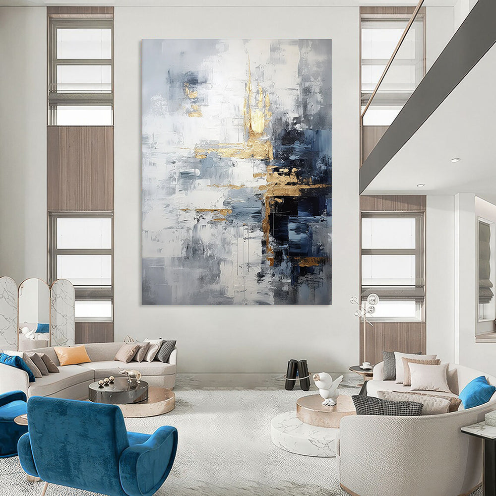 Gray - Gold Abstract Composition Painting with Dynamic Brushstrokes ADGE453