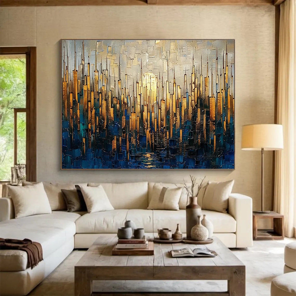 Golden City Skyline Abstract Painting with Gold, Blue, and Grey Tones THY172
