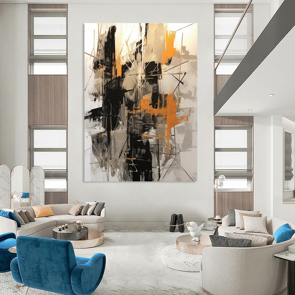 Black, Gray, and Orange Abstract Painting with Intersecting Lines ADGE116