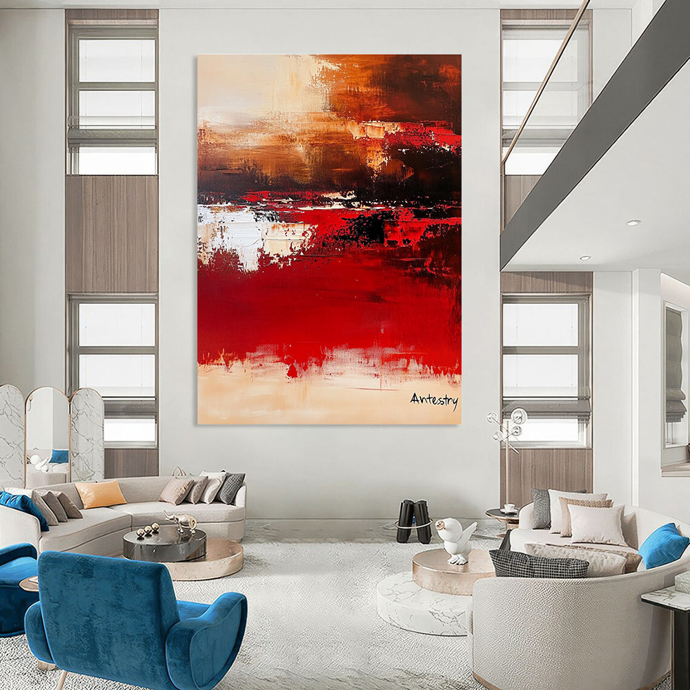 Large abstract painting with warm tones and soft edges titled Antestry creating a calm atmosphere inspired by Marc Chagall's minimalist style.STSC458