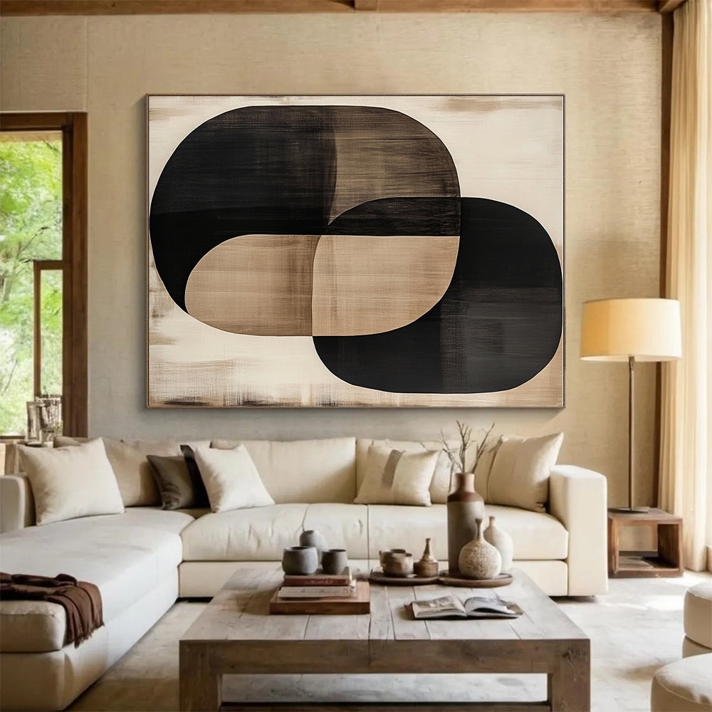 Overlapping Black and Beige Oval Abstract Art GER244