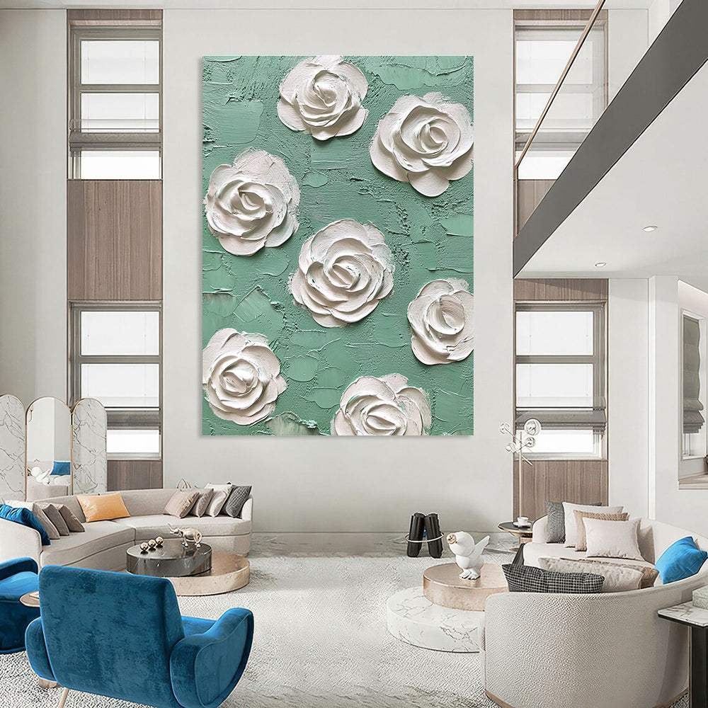 Abstract oil painting featuring mint and white roses with textured impasto layers in green and cream tones, a fine art masterpiece of high detail.STSC1350