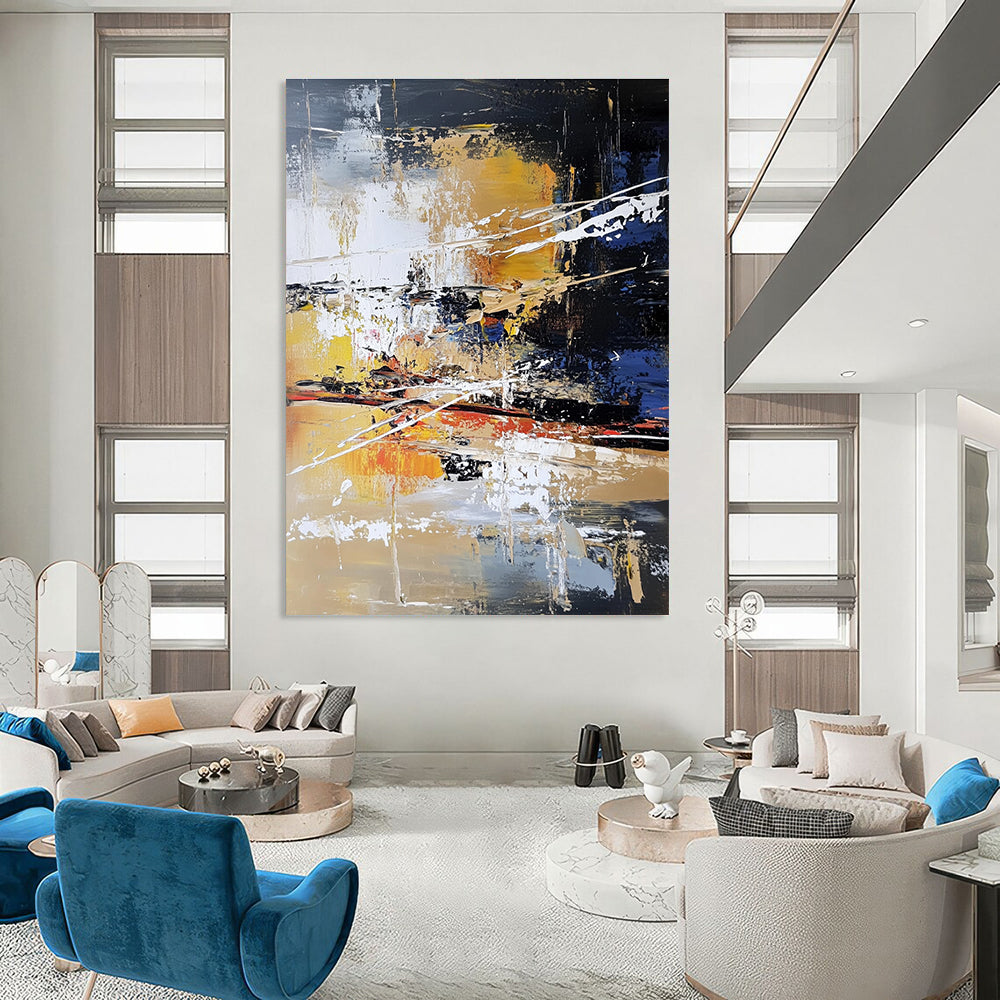 Large abstract painting features layers of colors and textures with white lines depicting water trees and a river in an urban landscape.STSC766