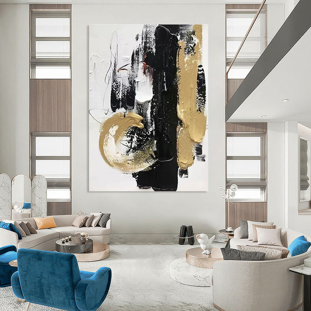 Black Gold and White Abstract Painting with Textured Layers ADGE146