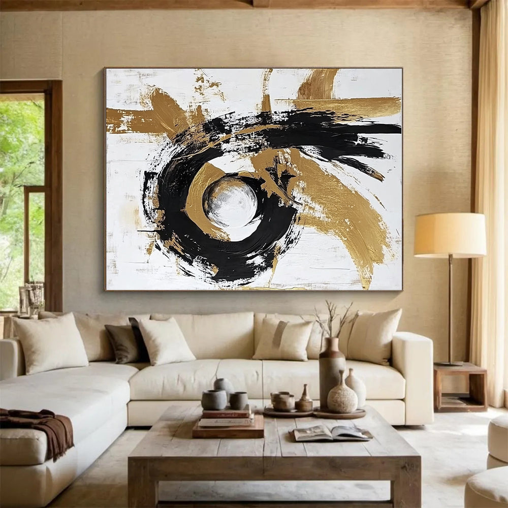 Gold and Black Abstract Painting with Circular Motifs GER655