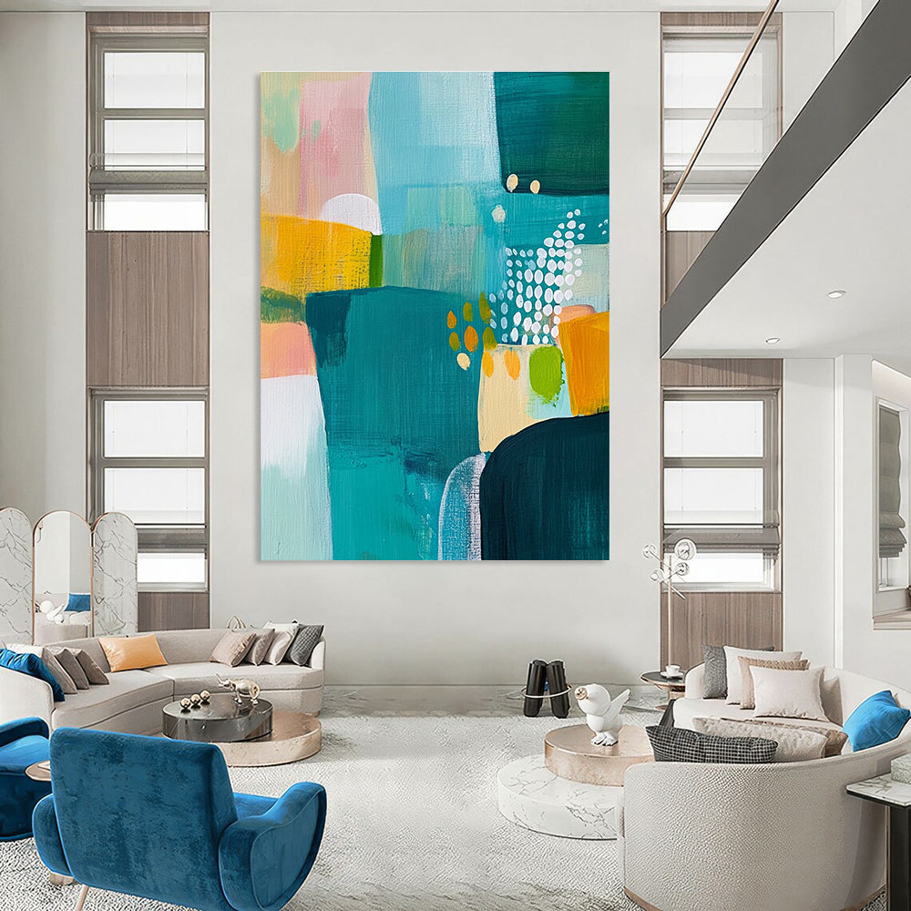 Large abstract painting featuring a landscape in teal yellow and green complemented by white dots and bold expressive brush strokes.STSC608