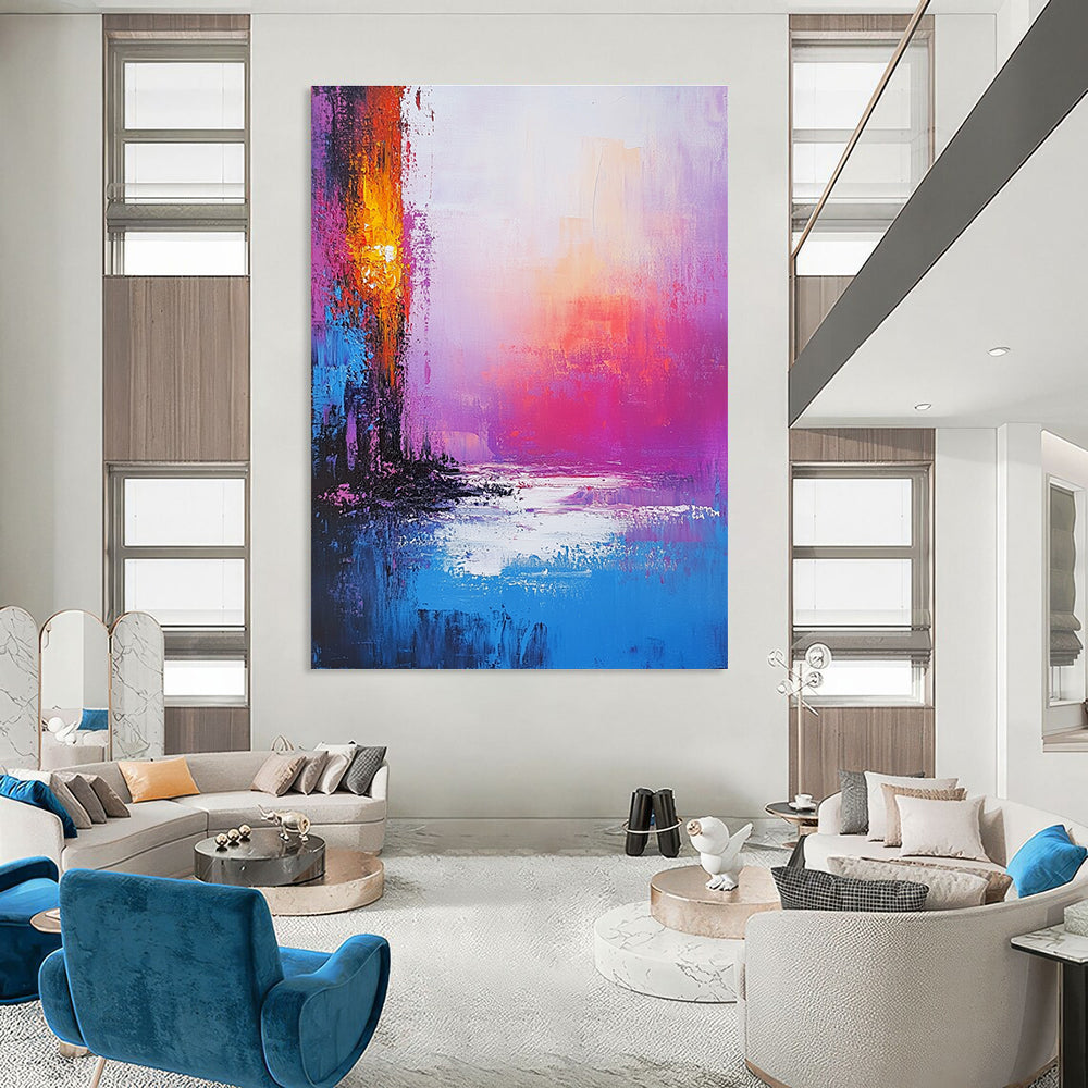 Large abstract painting of an iridescent ocean with pink purple and blue hues featuring a golden portal and a serene sunset ambiance.STSC261