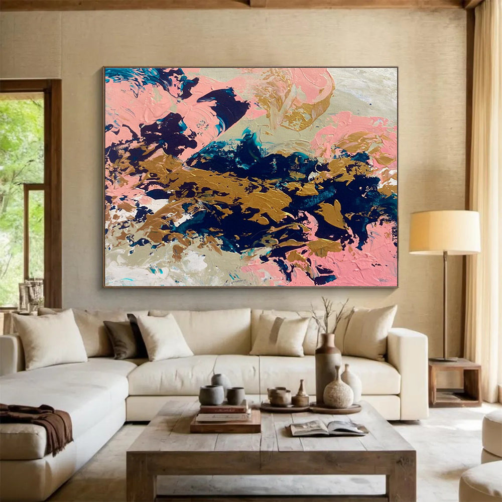 Pink Gold Navy Abstract Painting with Elegant, Feminine Vibes THY384