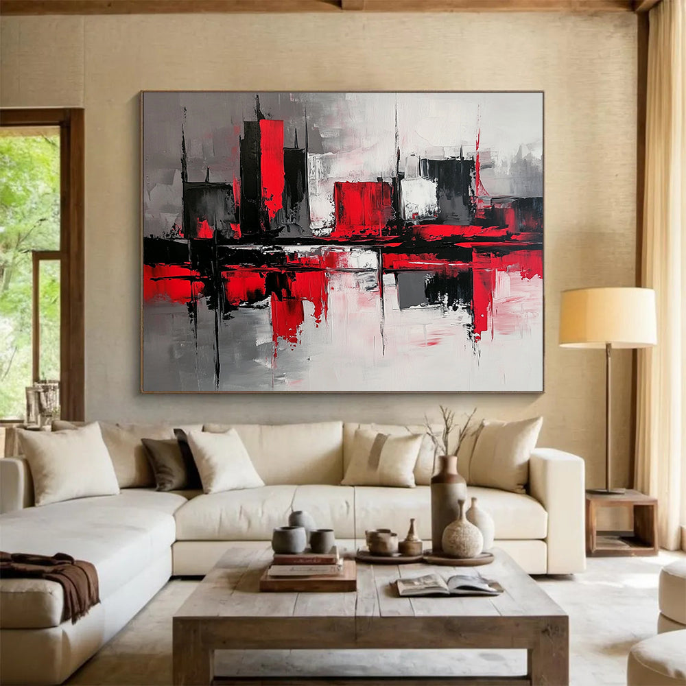 Abstract painting with gray and red color blocks depicting a minimalist urban street scene with reflective water surfaces and a mysterious atmosphere.SC239