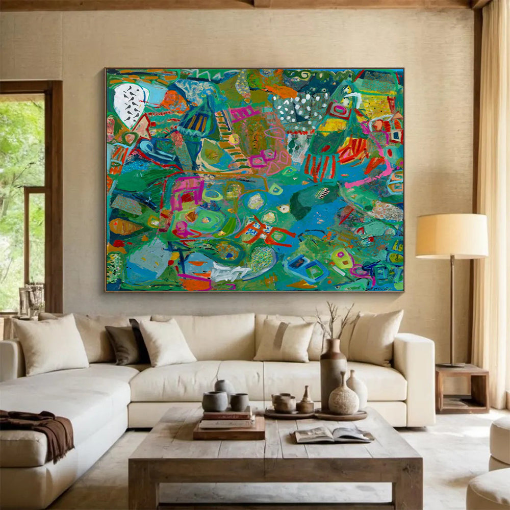Vibrant Geometric Abstract Painting with Green, Blue, and Pink Tones THY235