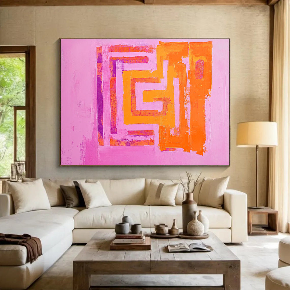 Pink Background Geometric Abstract Painting with Orange and Purple Shapes DYP130