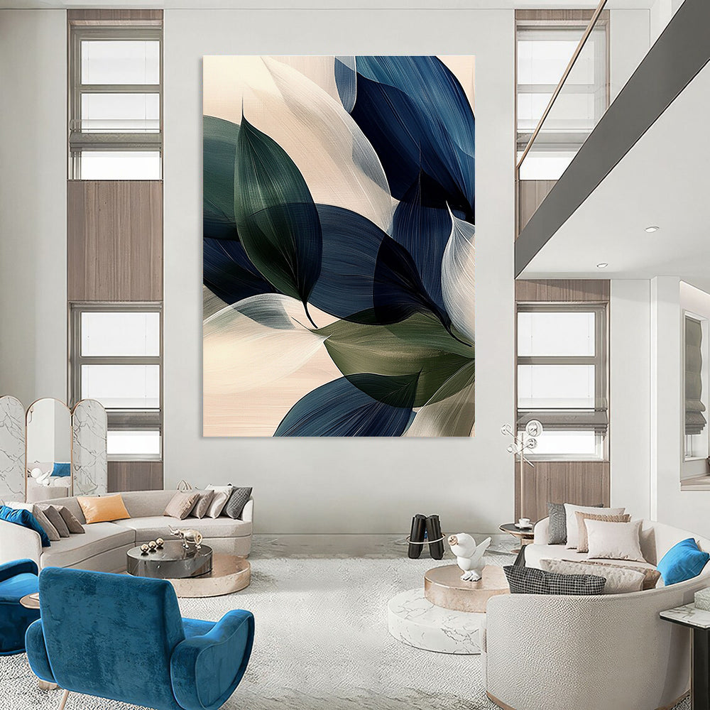 Large abstract painting of navy blue green and white large leaves with soft edges and subtle gradients on a light background.STSC685