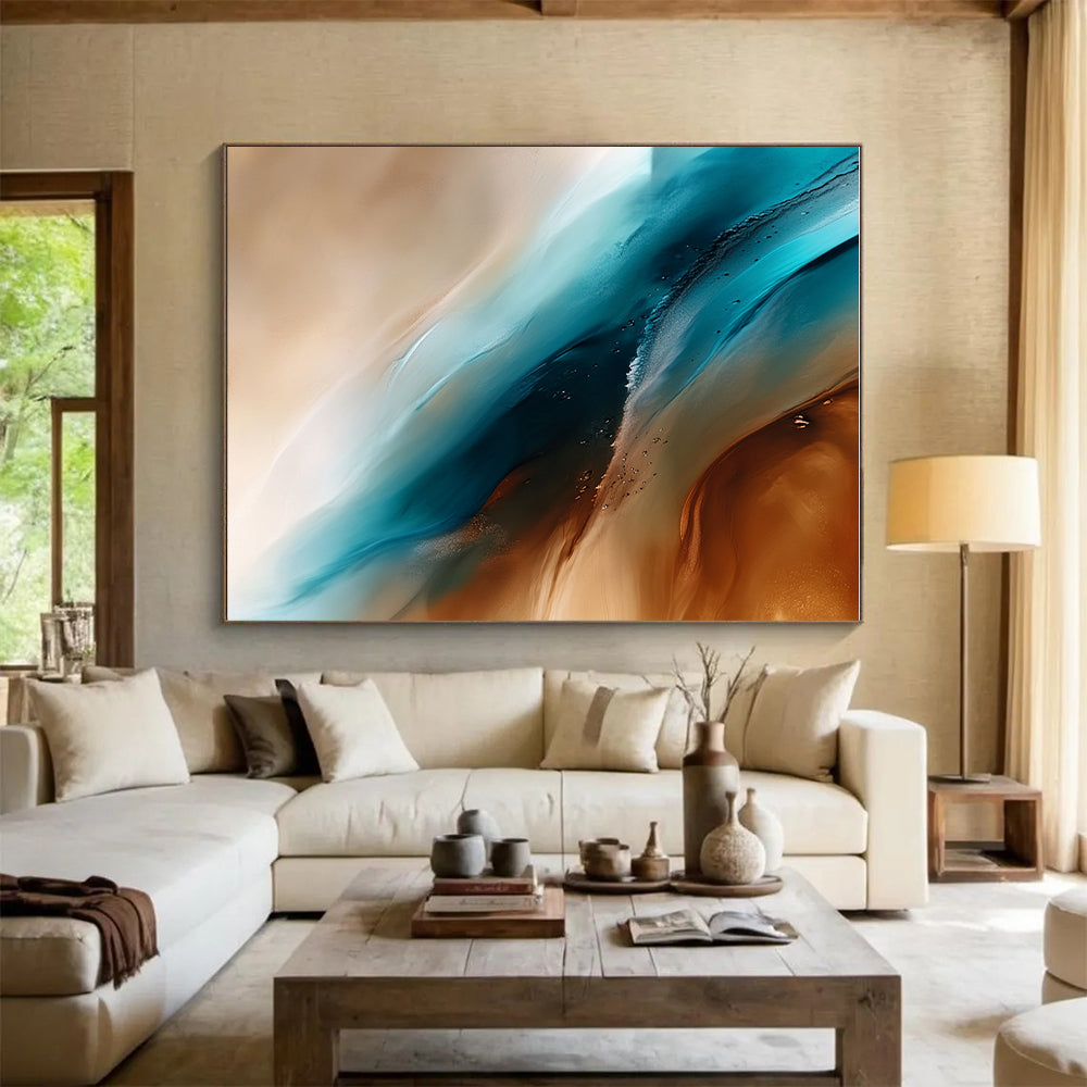 Blue and Brown Abstract Painting with Fluid Motions GER455
