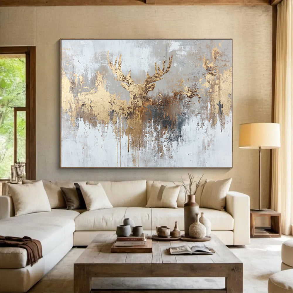 Gold and Gray Abstract Painting with a Golden Deer Silhouette DYP393
