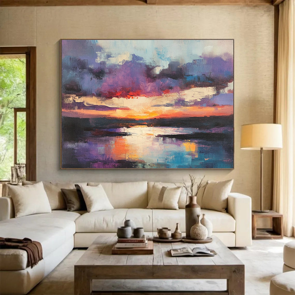 Purple and Orange Sunset Lake Abstract Seascape Painting DYP293
