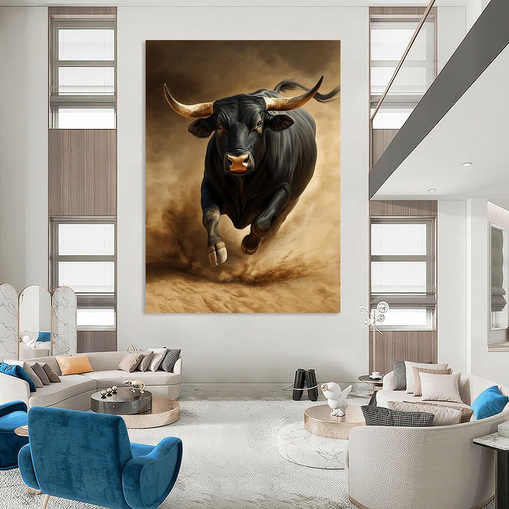 A large abstract painting featuring a black bull in the desert showcasing strong expression and high detail on a dark brown background.STSC914
