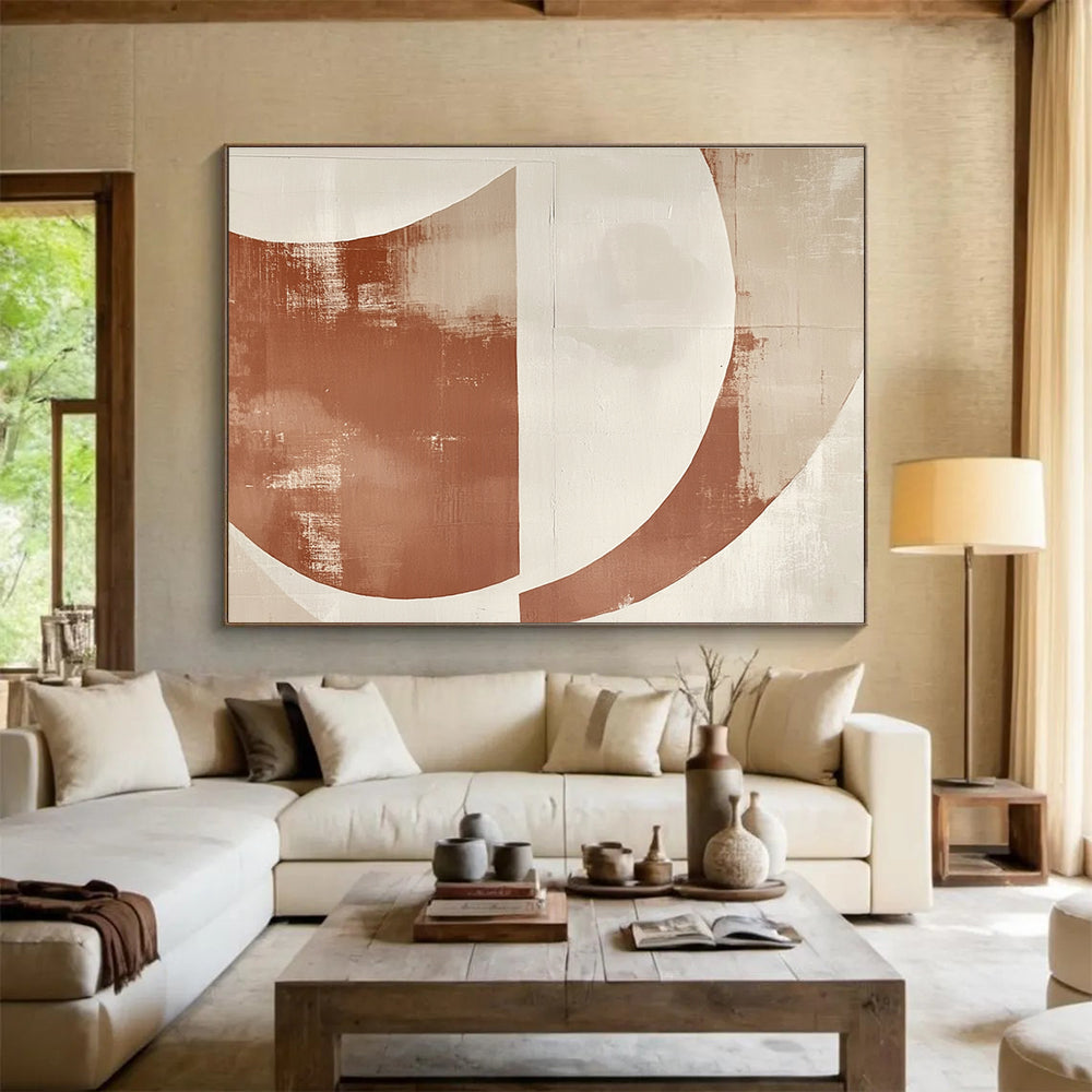 Large abstract painting with overlapping terracotta and cream half-circles on textured paper, modern simplicity with space for text.SC441