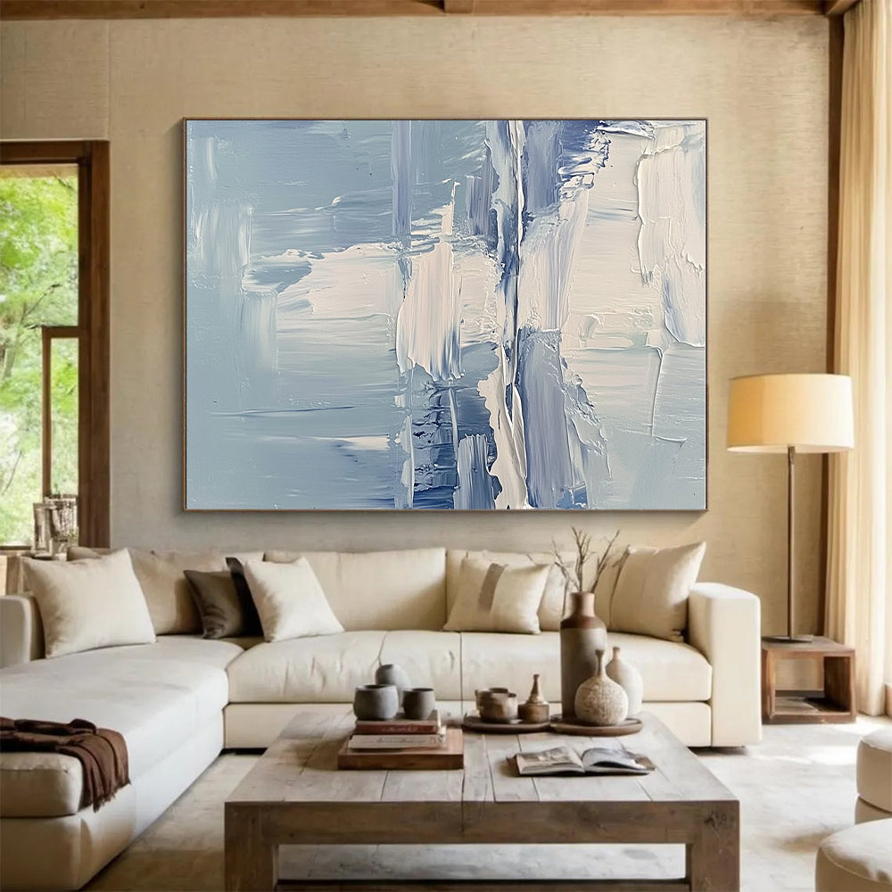 Blue White Textured Abstract Painting with Layered Brushstrokes GER761