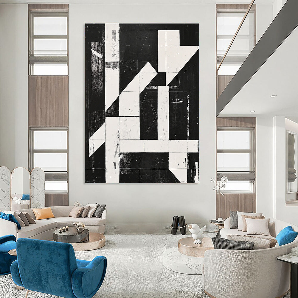 Large abstract painting with high contrast black and white lines and shapes featuring bold textured elements in a minimalist grid composition.STSC1279