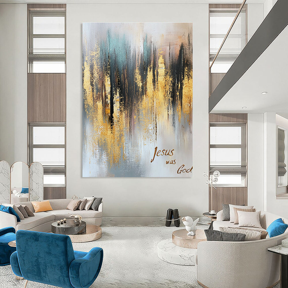 Large abstract oil painting of a gold and gray forest with muted colors gold foil accents and cursive text stating Jesus was God.STSC166