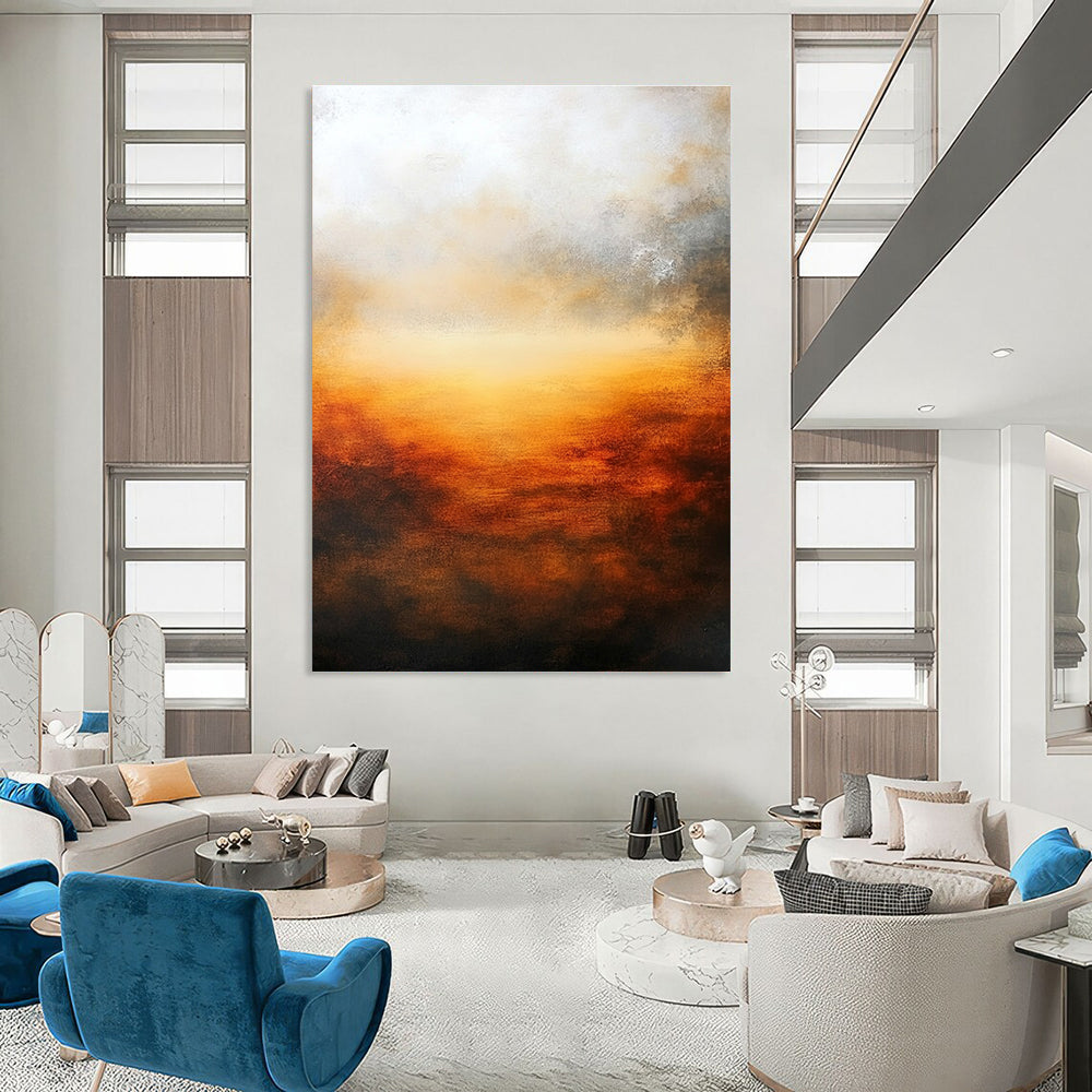 Large abstract oil painting featuring atmospheric sunset in muted earth tones and deep orange with a serene minimalist composition.STSC585