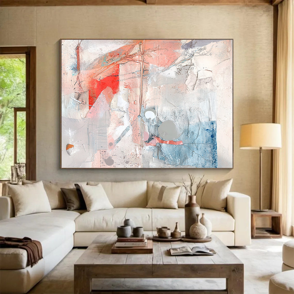 Mixed Media Abstract Collage with Pink Blue and Gray Tones GER194