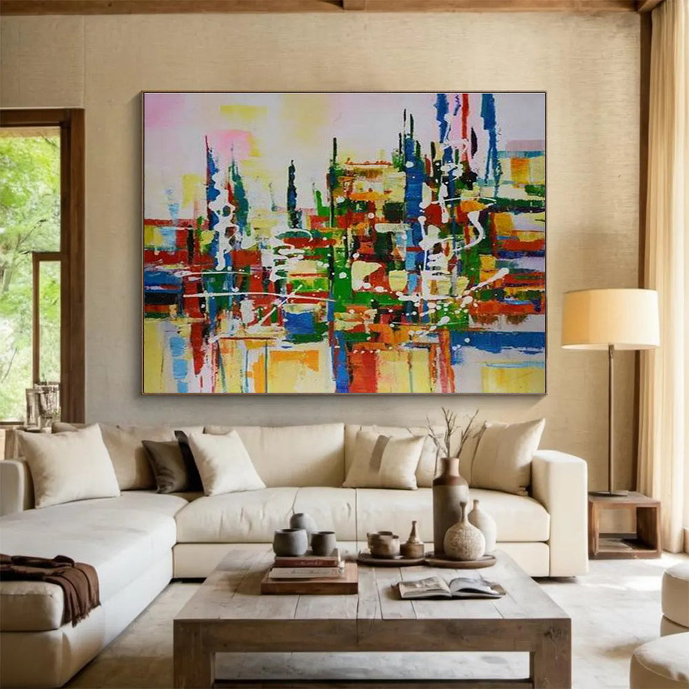 Vibrant Cityscape Abstract Painting with Multicolor Urban Energy THY285