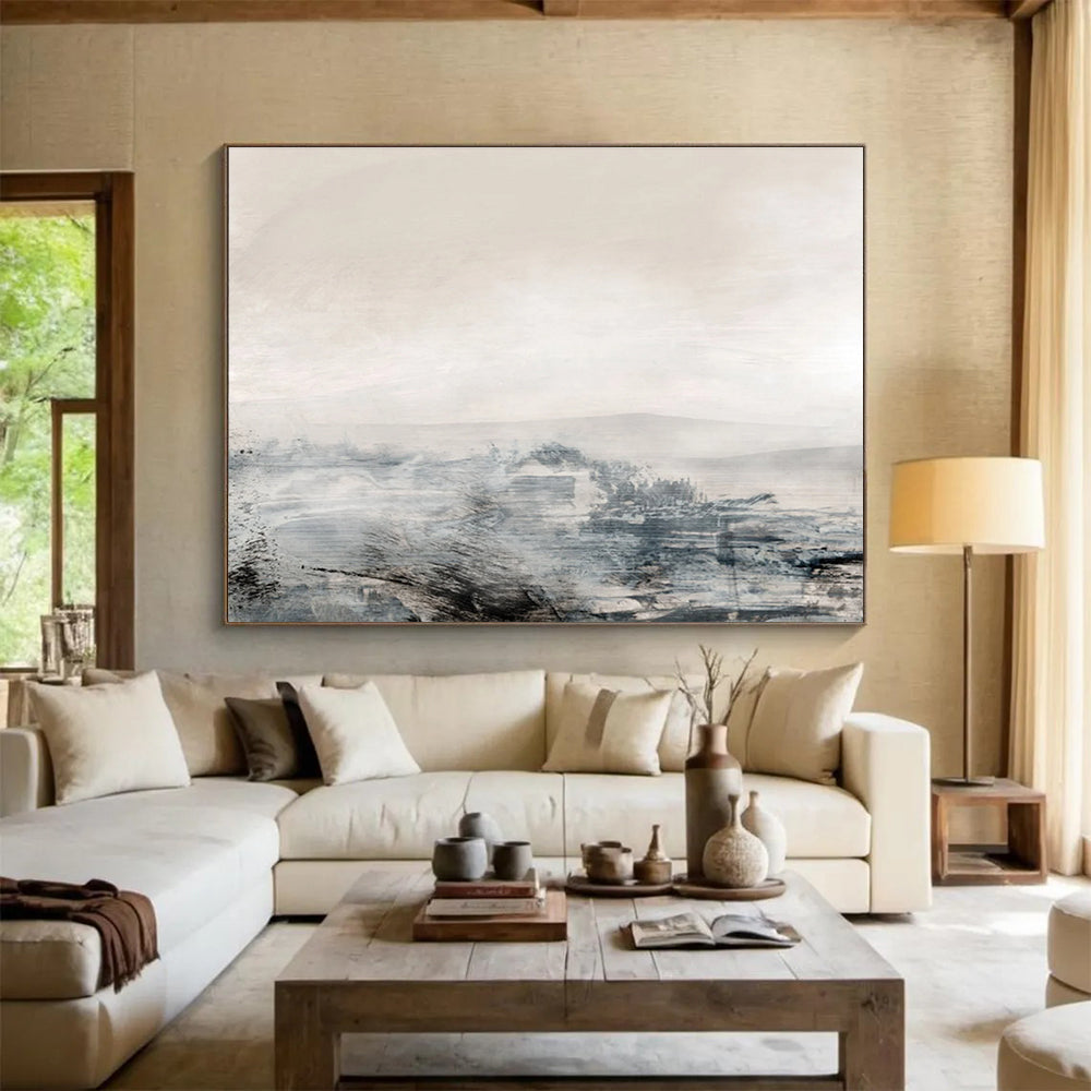 Muted Landscape Abstract Painting with Soft Grey and Beige Tones THY136