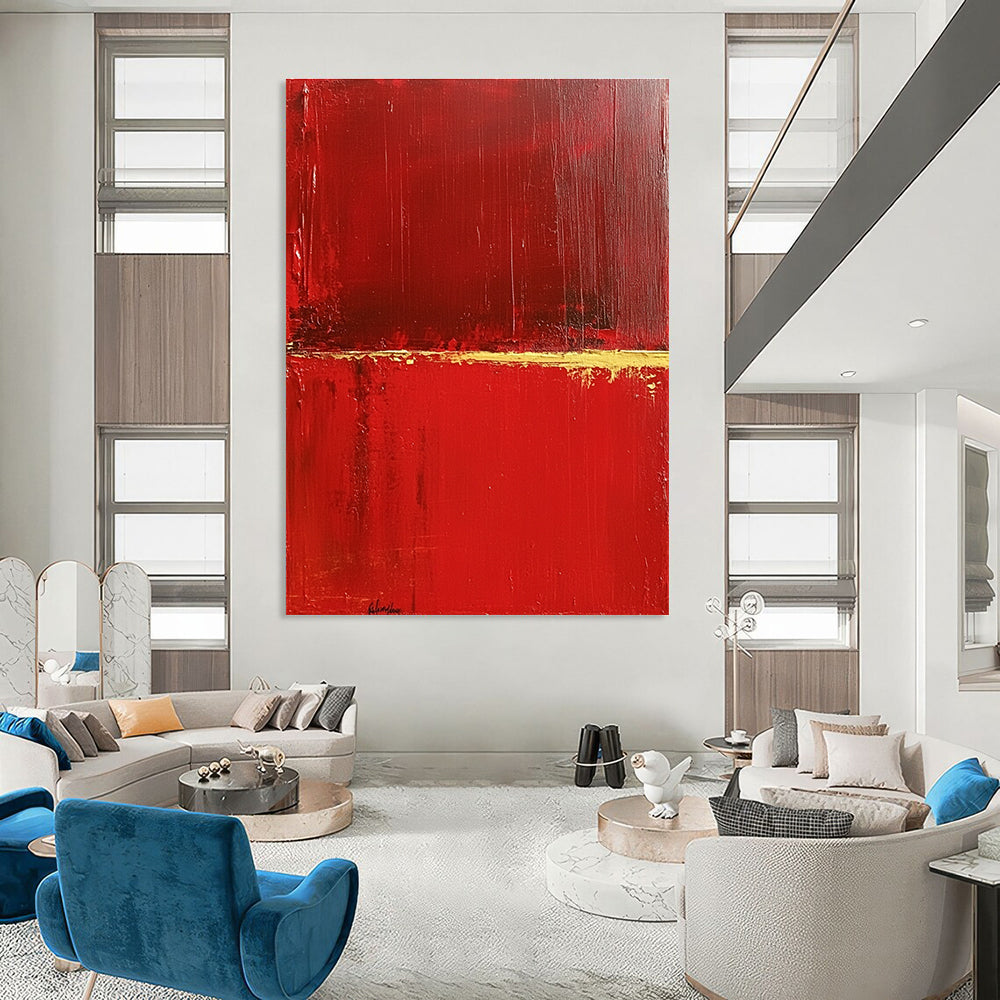 Large abstract painting featuring a red background with a central yellow line evoking lightness and depth in a minimalist style.STSC459