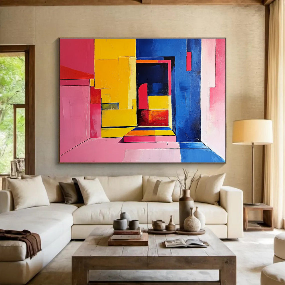 Geometric Color Block Interior Abstract Painting with Bright Hues DYP501